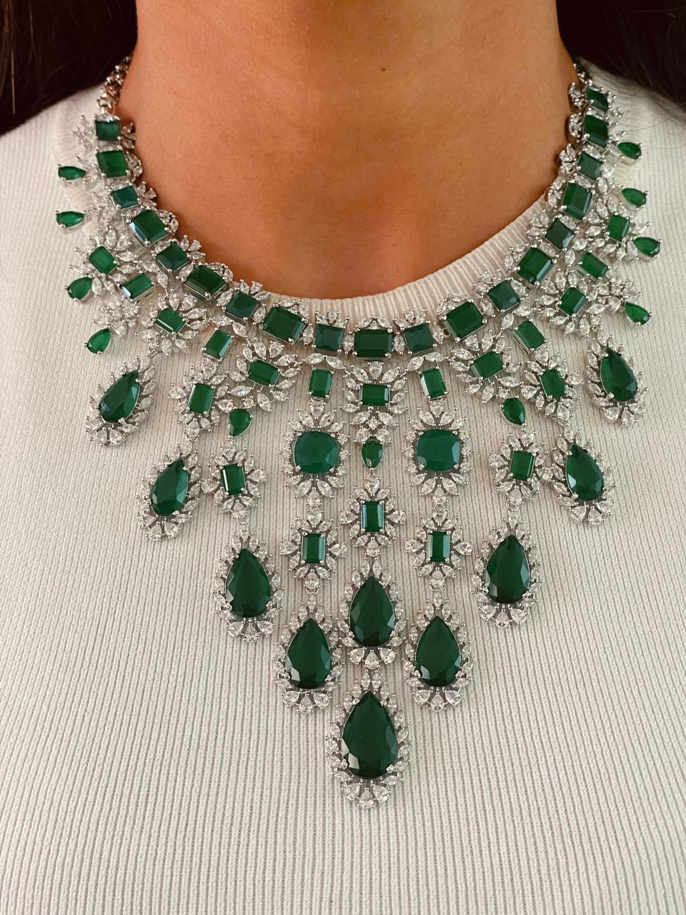 Abbey Emerald Drops Statement Necklace Set — front view — Prerto