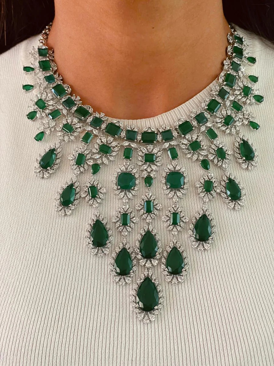 Maharani Abbey Emerald & Heart Emerald Diamond Duo Necklace Set — flat lay — Prerto