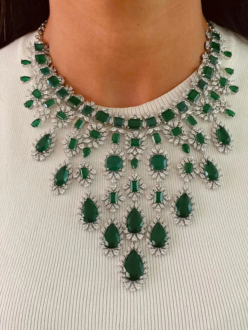 Maharani Abbey Emerald & Heart Emerald Diamond Duo Necklace Set — flat lay — Prerto