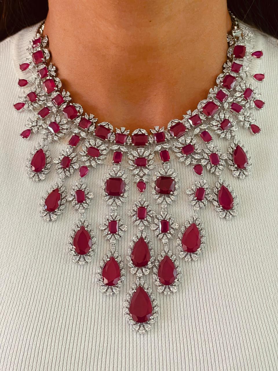 Abbey Ruby Drops Statement Necklace Set — front view — Prerto
