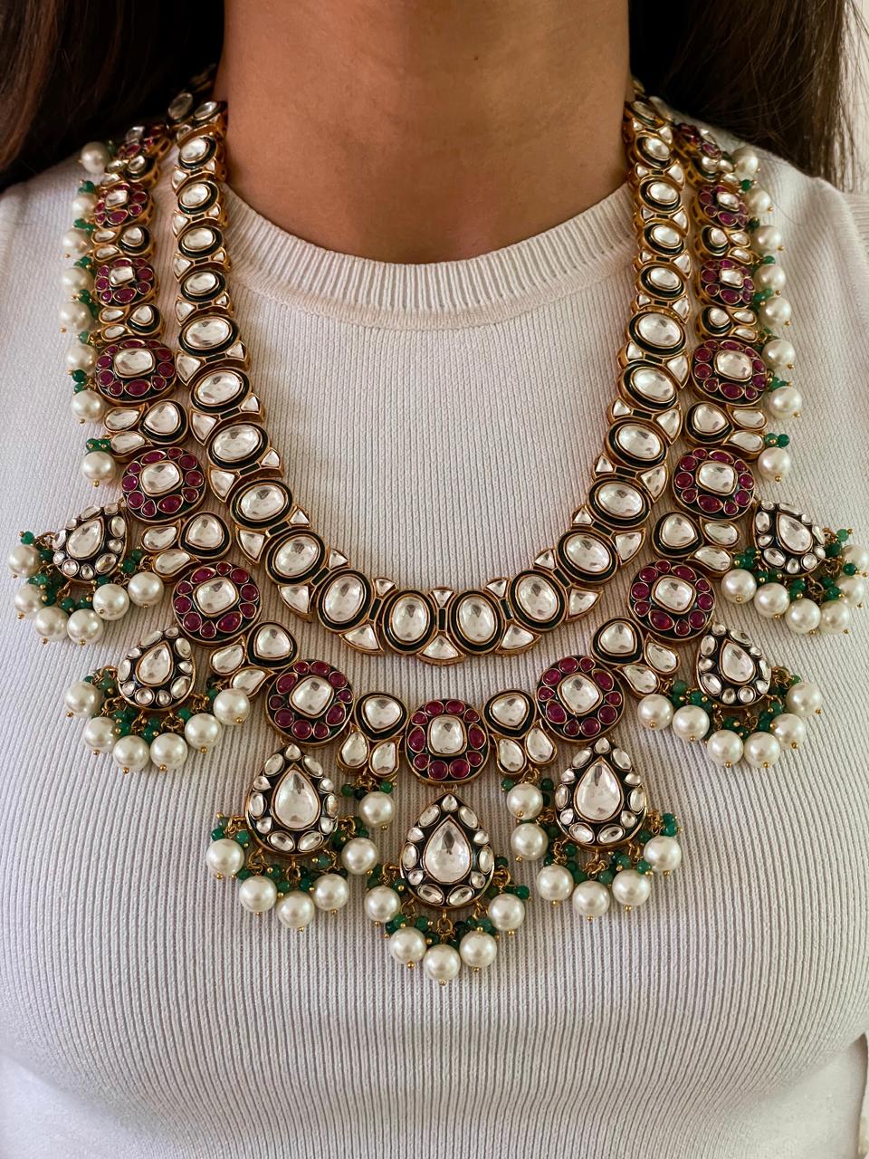 Maharani Afia & Aiza Polki Kundan Emerald Ruby Duo Necklace Set — flat lay — Prerto