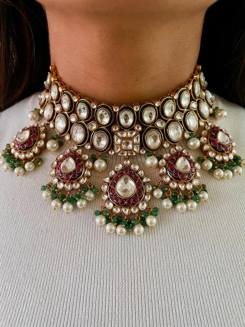 Maharani Afia & Aiza Polki Kundan Emerald Ruby Duo Necklace Set — worn on model — Prerto