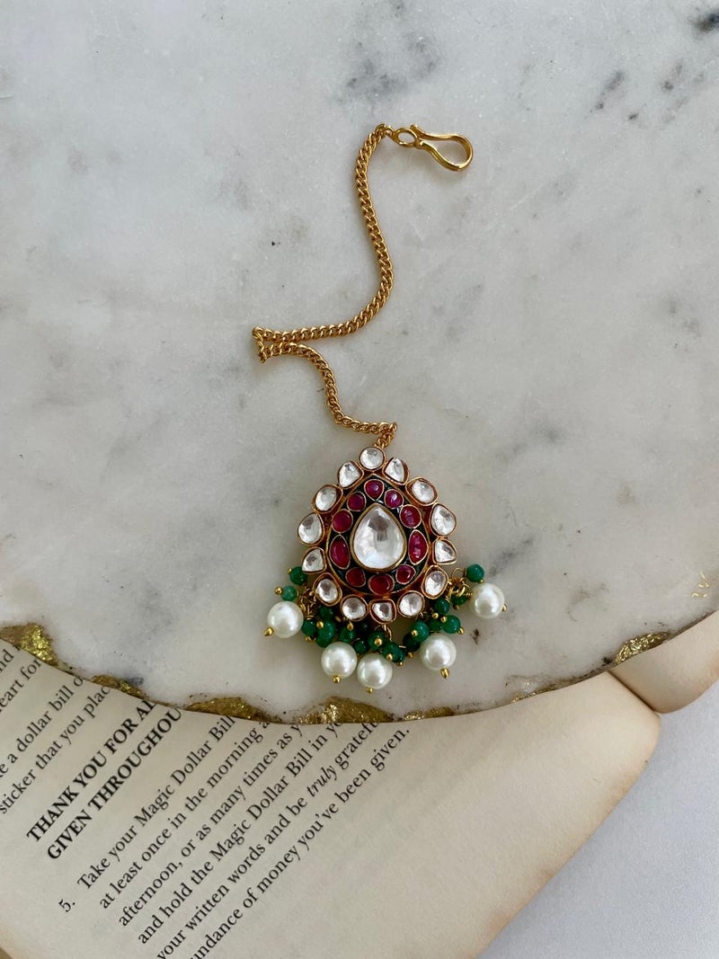 Maharani Afia & Aiza Polki Kundan Emerald Ruby Duo Necklace Set — side view — Prerto