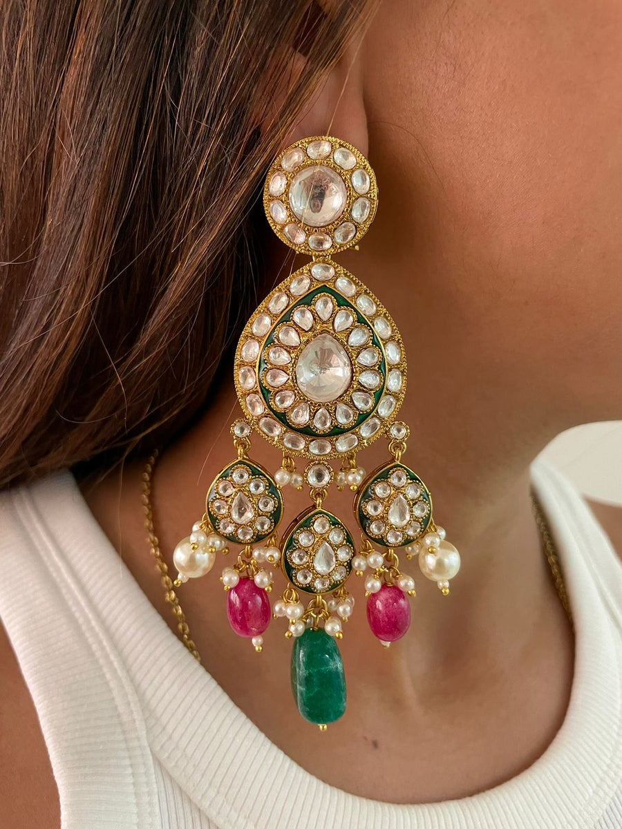 Maharani Emerald Meena Kundan Pearly ketting set (oorbellen en ketting)