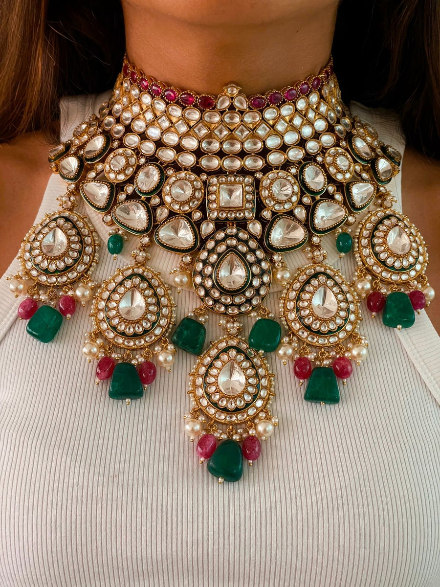 Maharani Amarat Polki Kundan Statement Necklace Set (Necklace, Earrings & Mang Tika)