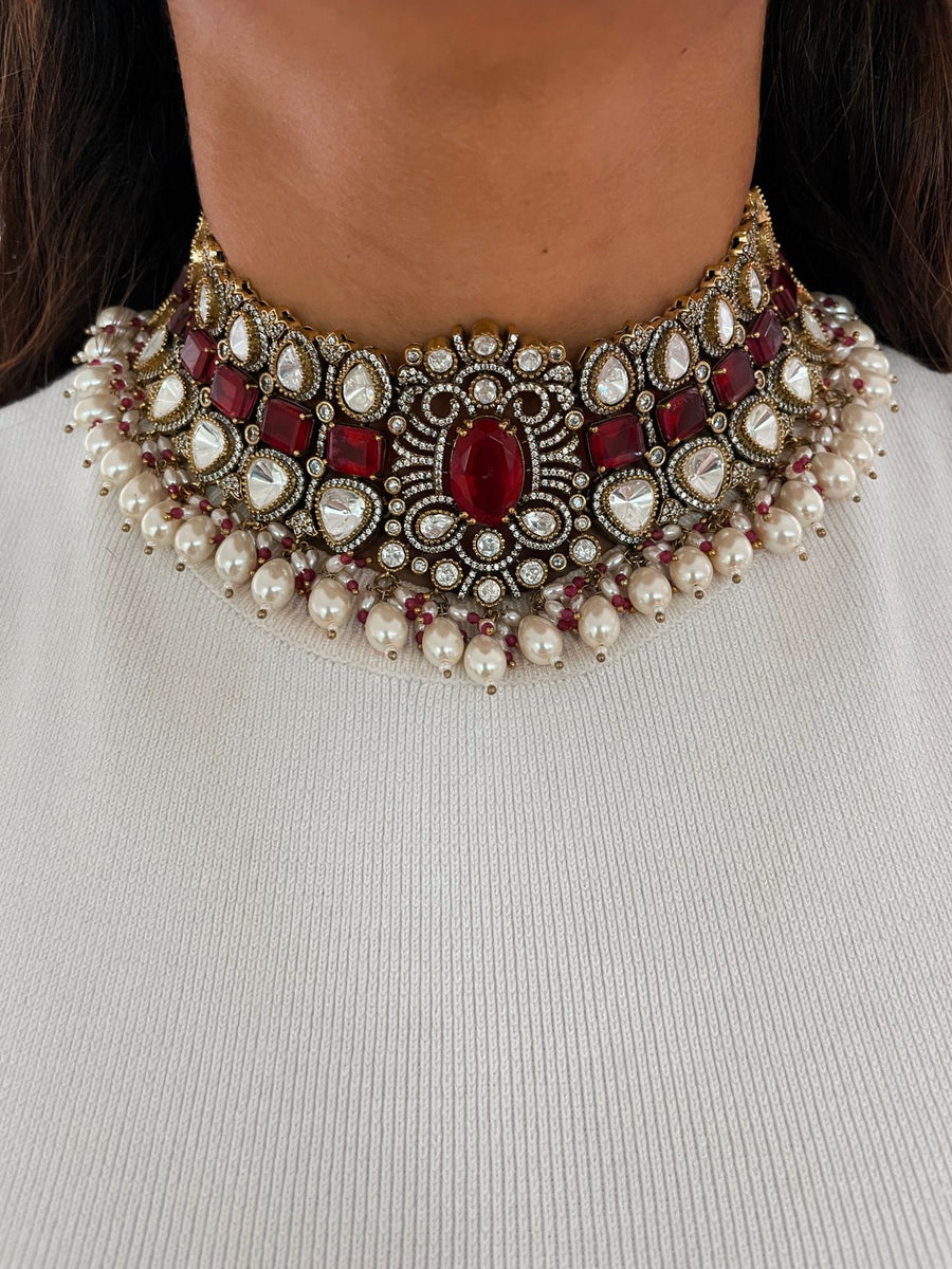 Amli Ruby Kundan Pearly Drop Necklace Set (Necklace, Earrings & Mang Tika)