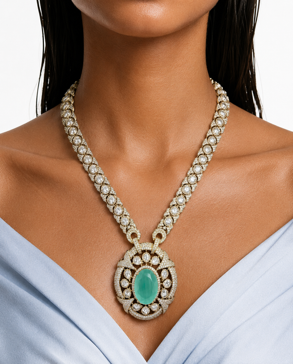 Veyra Mint & Polki Oval Pendant Kundan Diamond Detailing Necklace Set – Necklace & Earrings