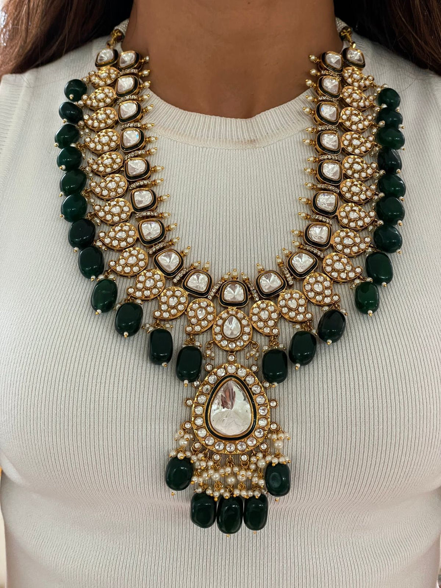 Arki Polki Emerald Gold Kundan Necklace Set (Necklace & Earrings)