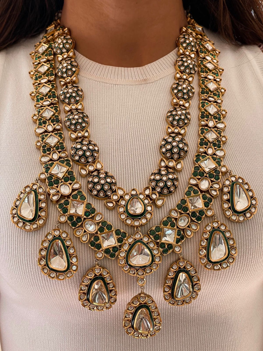 Ausa 2 Layer Polki Geometric Kundan Necklace Set (Necklace, Earrings & Mang Tika)