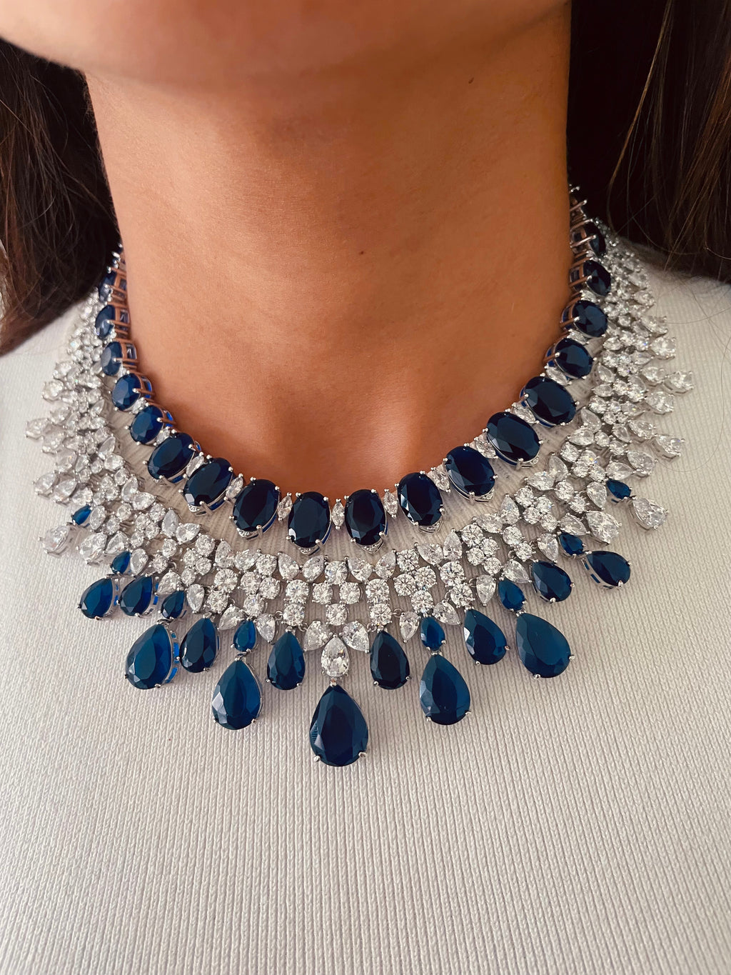 Daffodil Sapphire & Single Line Sapphire Marquis Duo Necklace Set — front view — Prerto