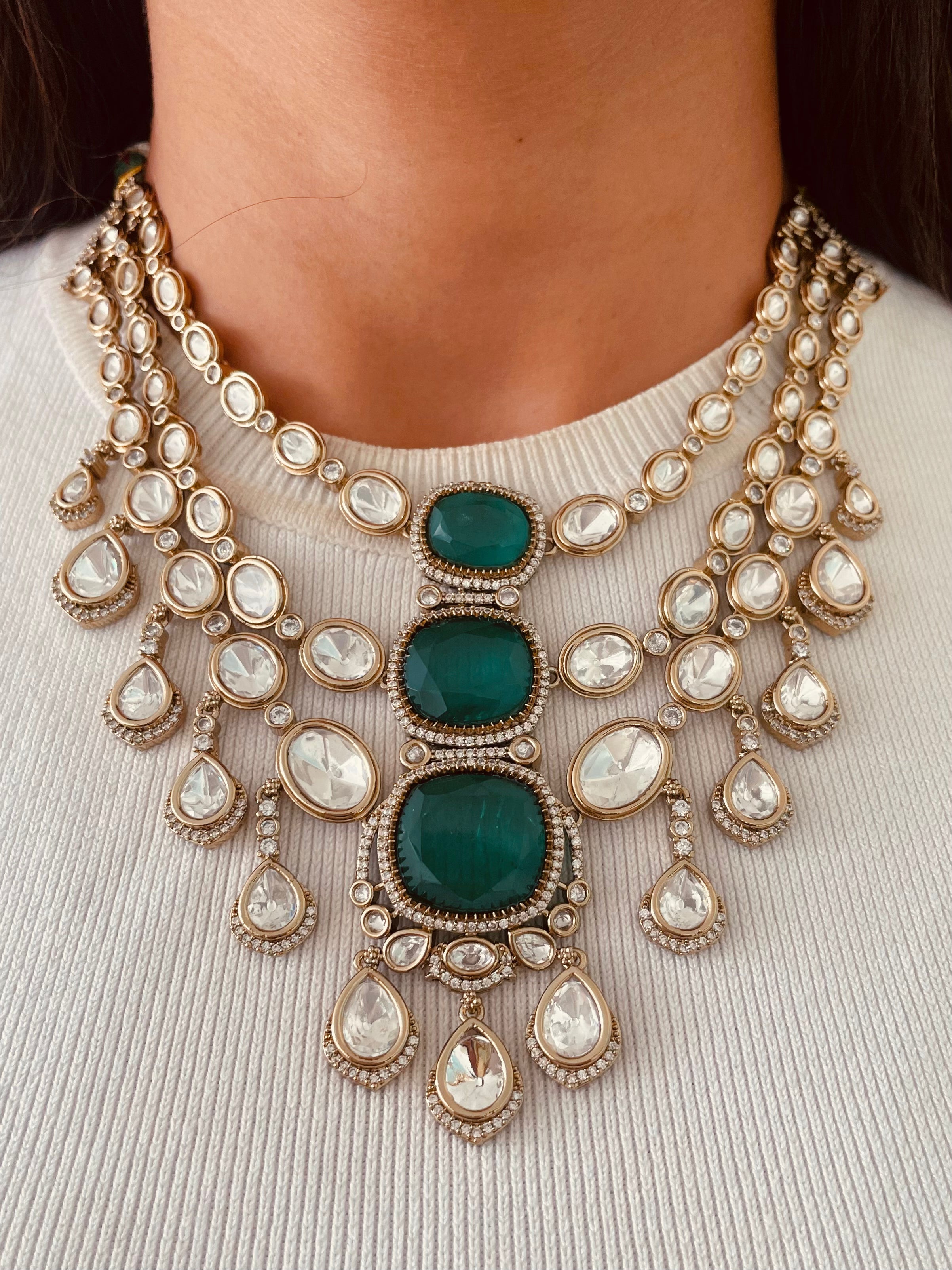 Maharani Emerald Doublet Diamond Choker & Moissanite Duo Necklace Set — flat lay — Prerto