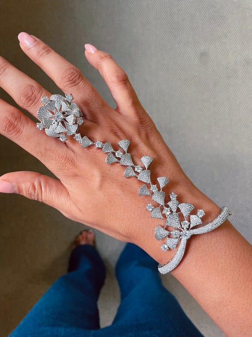 Floral Diamond Studded Haath Phool Hand Harness by Prerto — Indian bridal mehndi jewellery