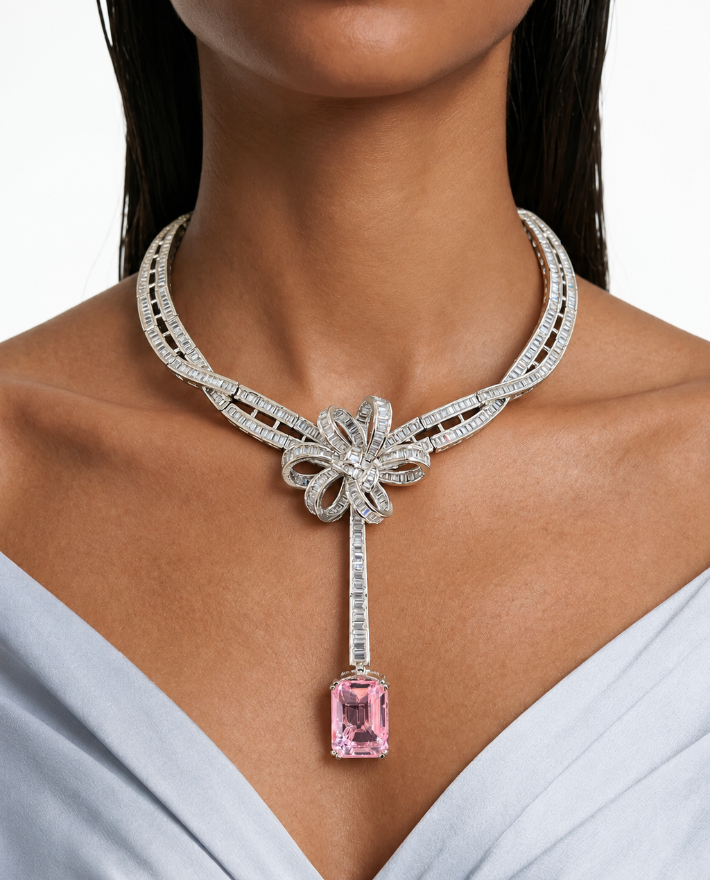 Blythe Pink Bow Rectangular Drop Diamond-Like Zircon Necklace Set – Necklace & Earrings