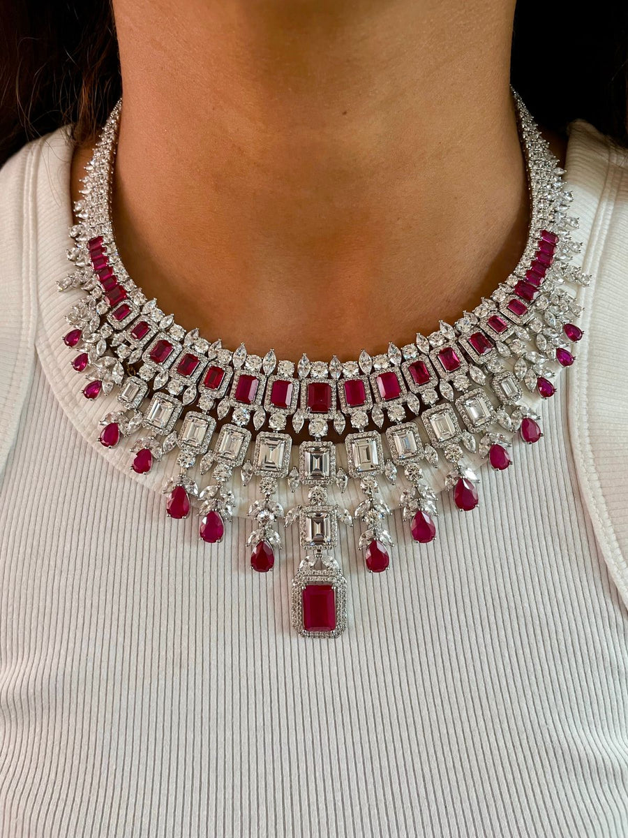 Baguette Diamond & Ruby Necklace Set (Earrings, Necklace, Ring & Bracelet)