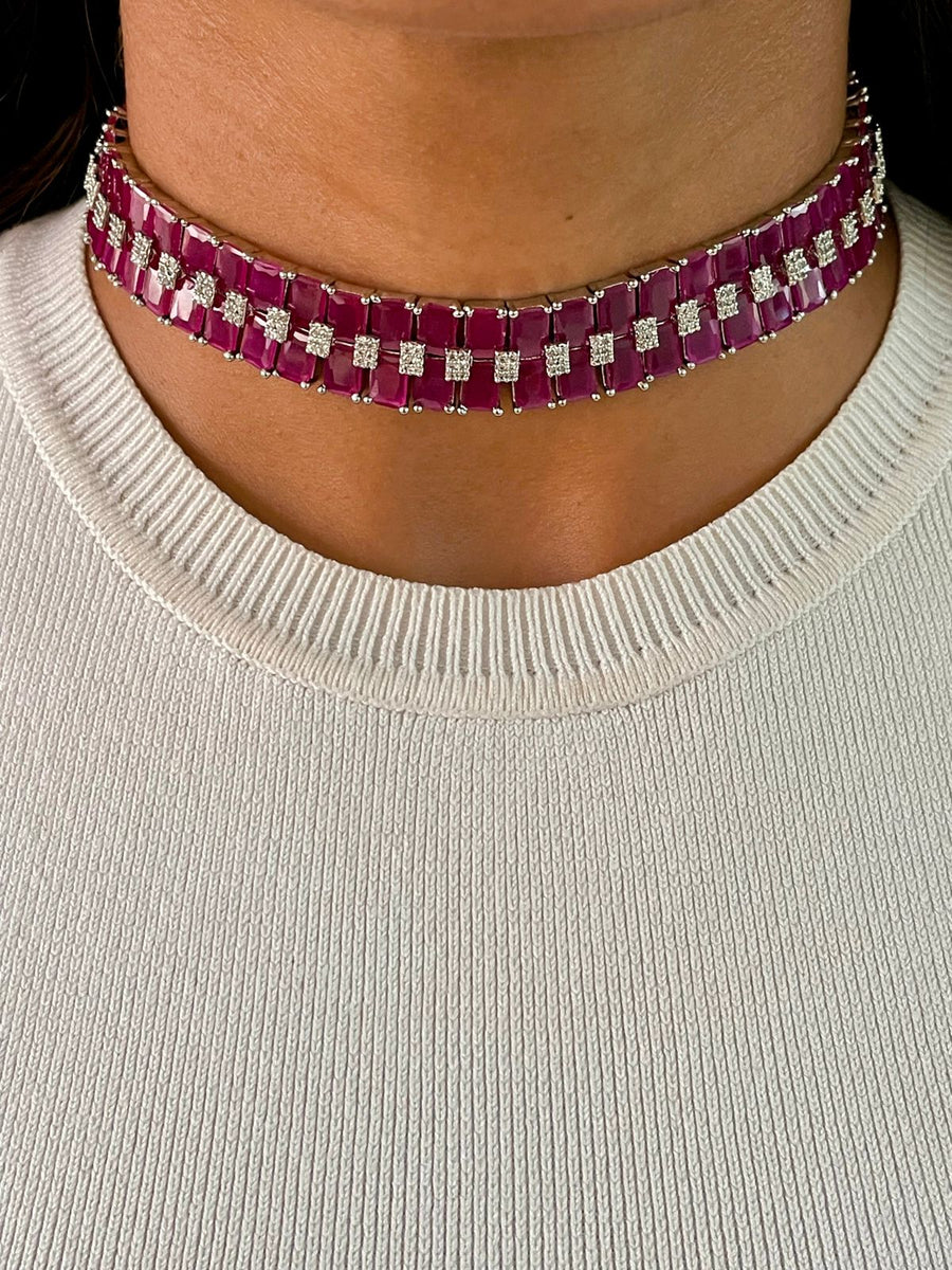 Maharani Magenta Kate & Baguette Magenta Diamonte Choker Set (Earrings & Necklace)