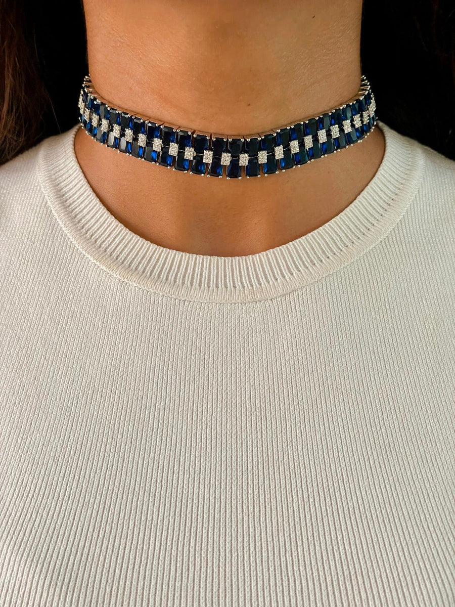 Maharani 3 Layer Baguette Sapphire & Baguette Sapphire Dimonte Choker Set (oorbellen en ketting)