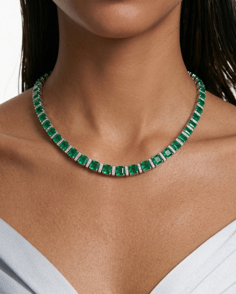 Bhavani Emerald Zircon Diamond Single Line Tennis Necklace Set by Prerto