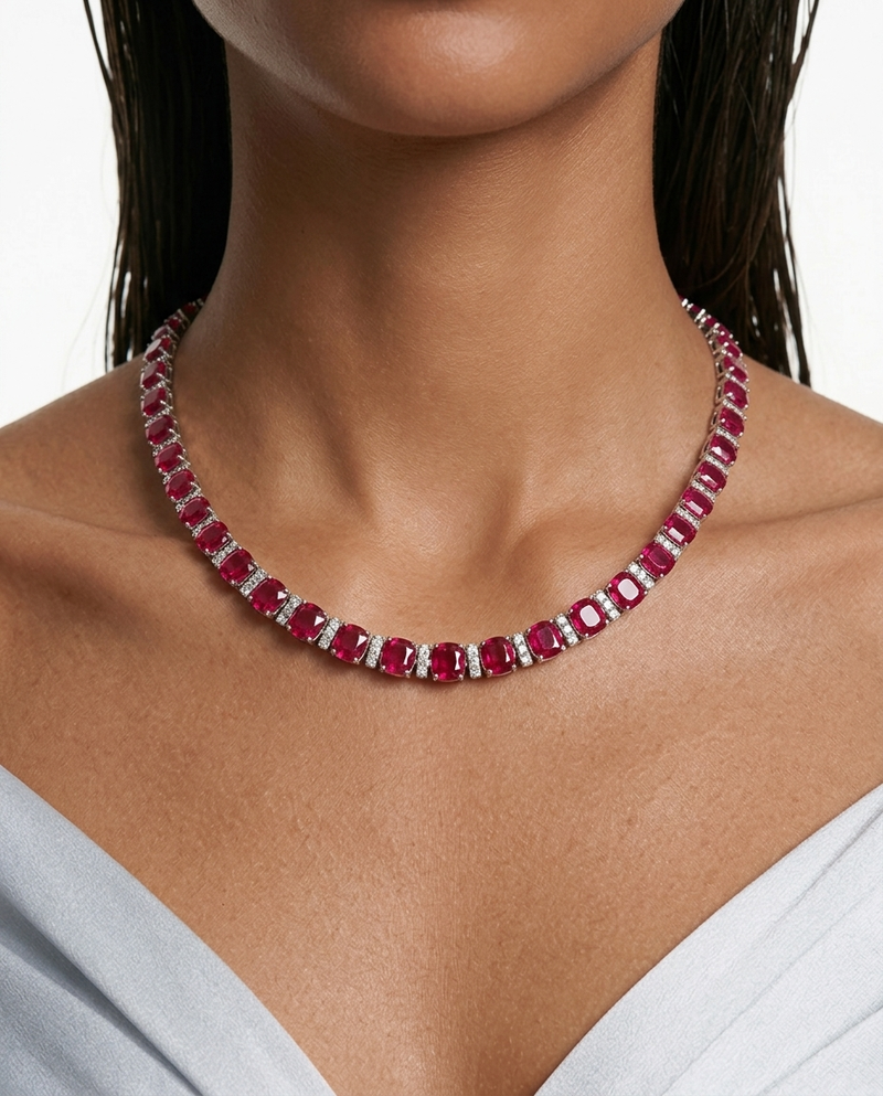 Maharani Aarohi Emerald Ruby Enamel Necklace — stone and enamel detail, by Prerto