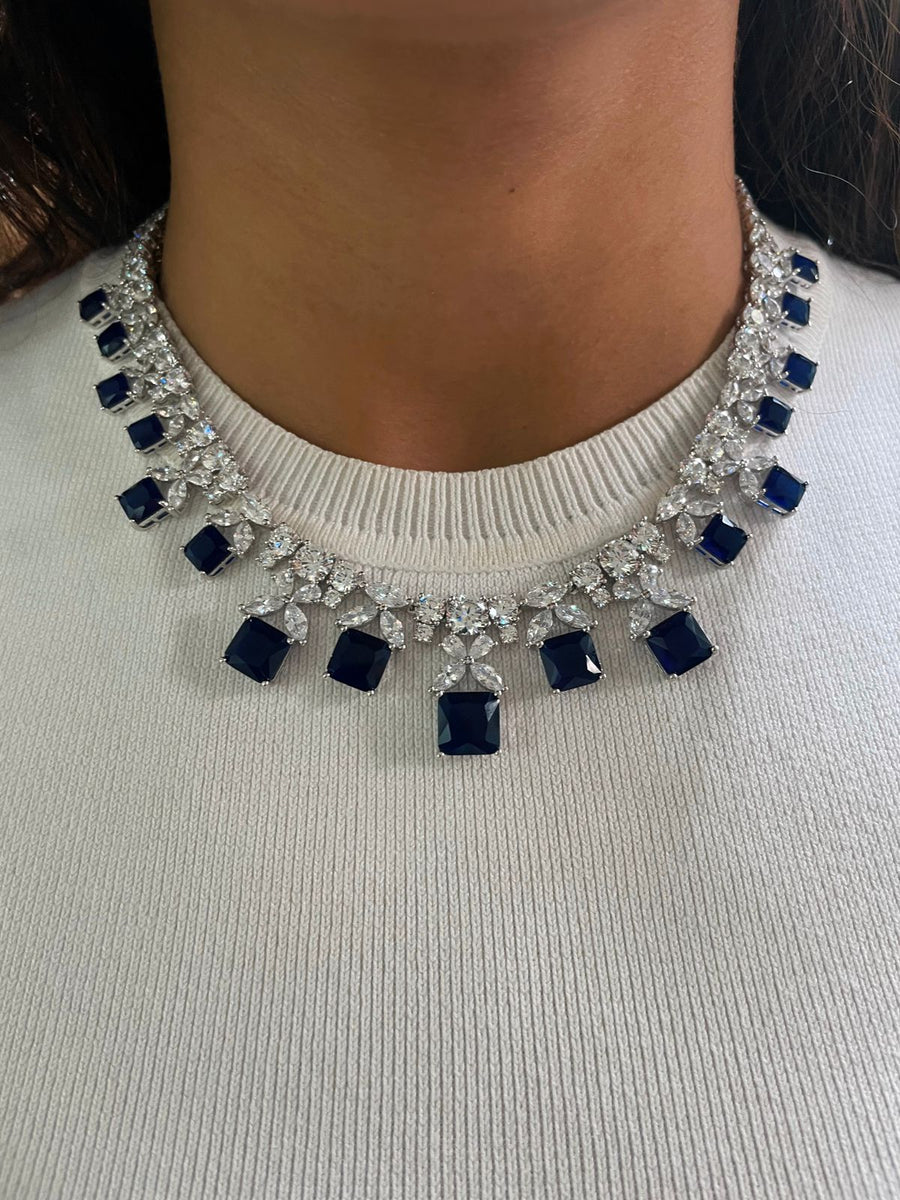 Maharani Butterfly Sapphire Diamond Necklace Set & Sapphire Oval Diamond Detail Line Necklace Set (Necklace, Earrings, Ring & Bracelet)