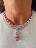Elina Blossom Pink Square Drop Dimonte Statement Necklace Set — front view — Prerto