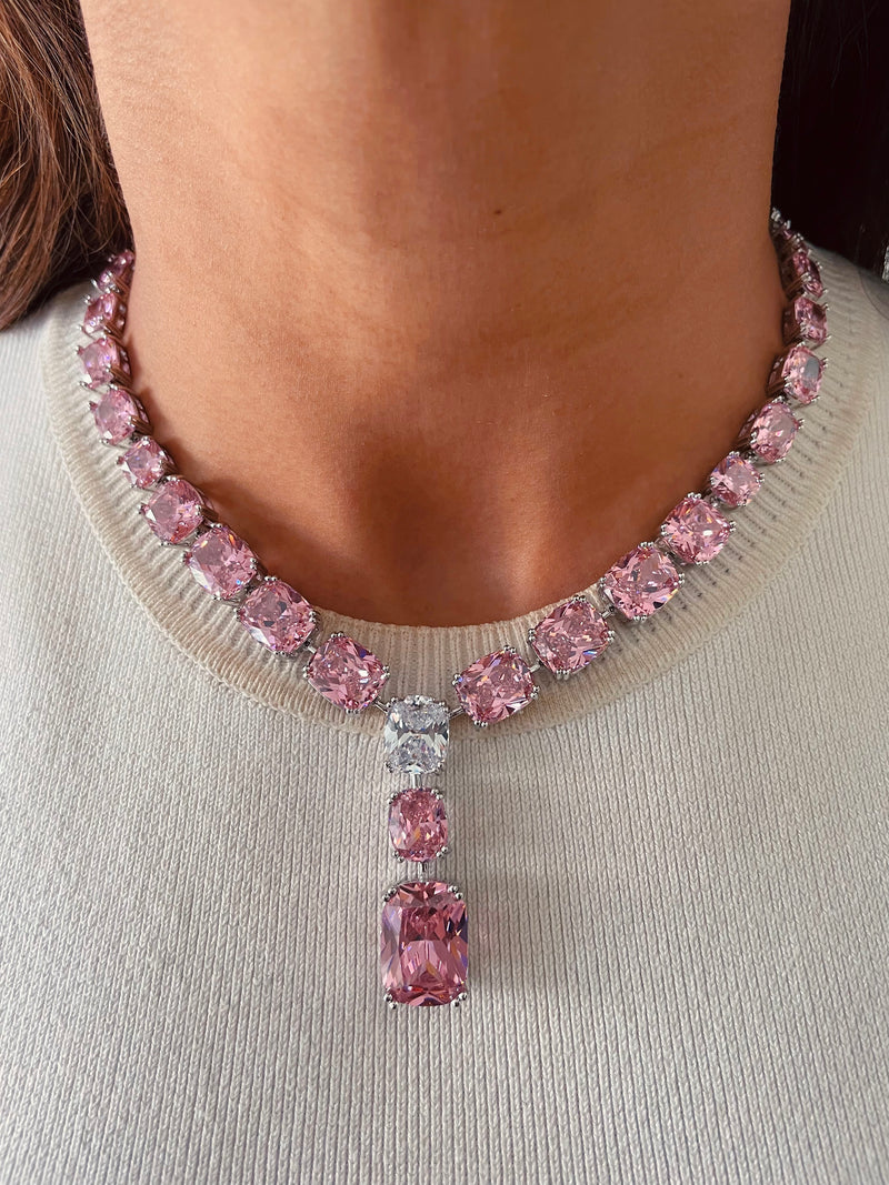 Elina Blossom Pink Square Drop Dimonte Statement Necklace Set — front view — Prerto