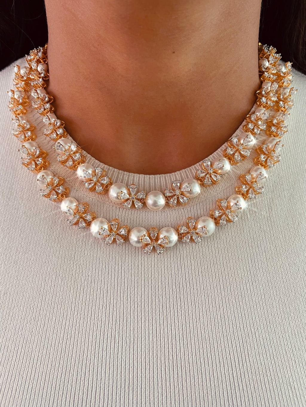 Golden Floral 2 Layered Diamond Necklace Set — front view — Prerto