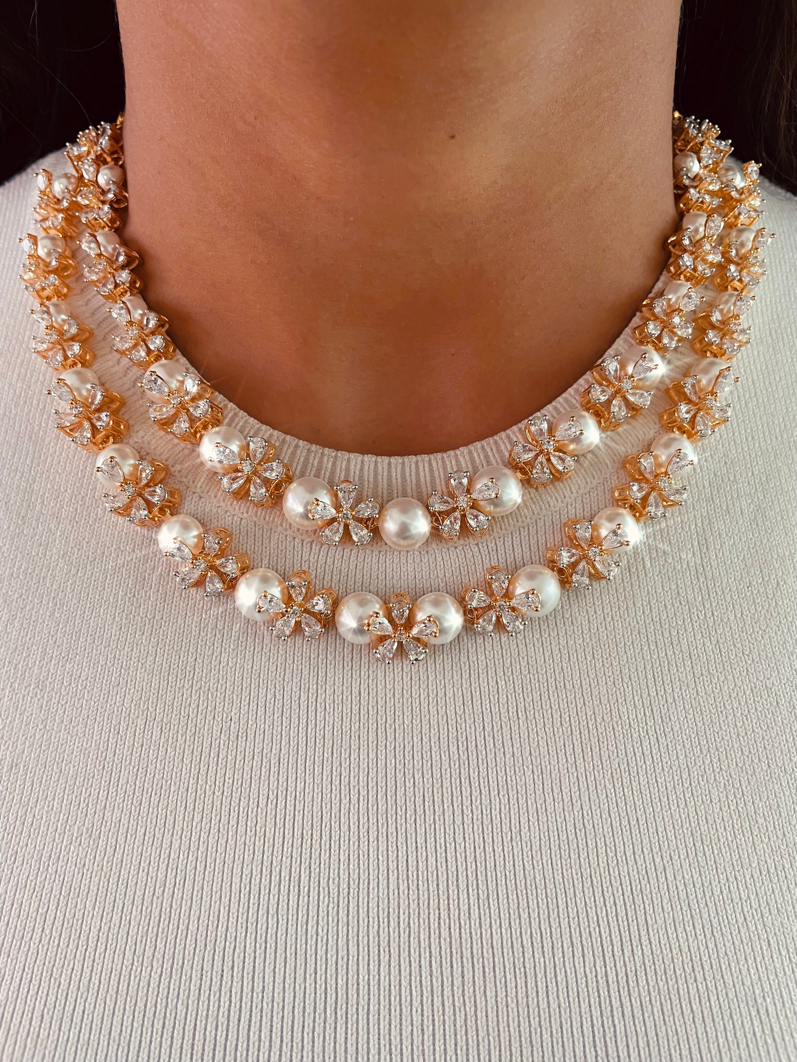 Golden Floral 2 Layered Diamond Necklace Set — front view — Prerto