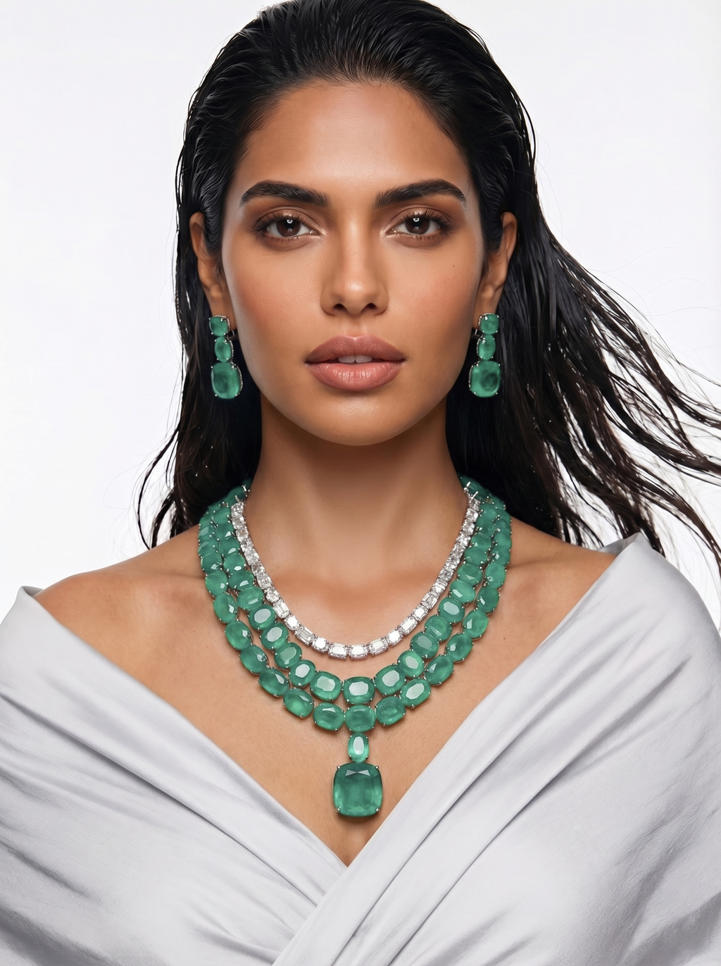 Boulder Mint Green Diamond 3 Layer Statement Necklace Set — worn on model — Prerto
