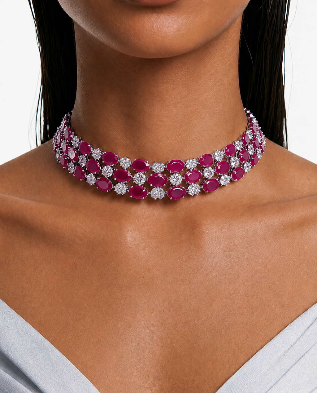 Ameera Ruby Diamond-Like Zircon Statement Choker Necklace Set – Necklace & Earrings
