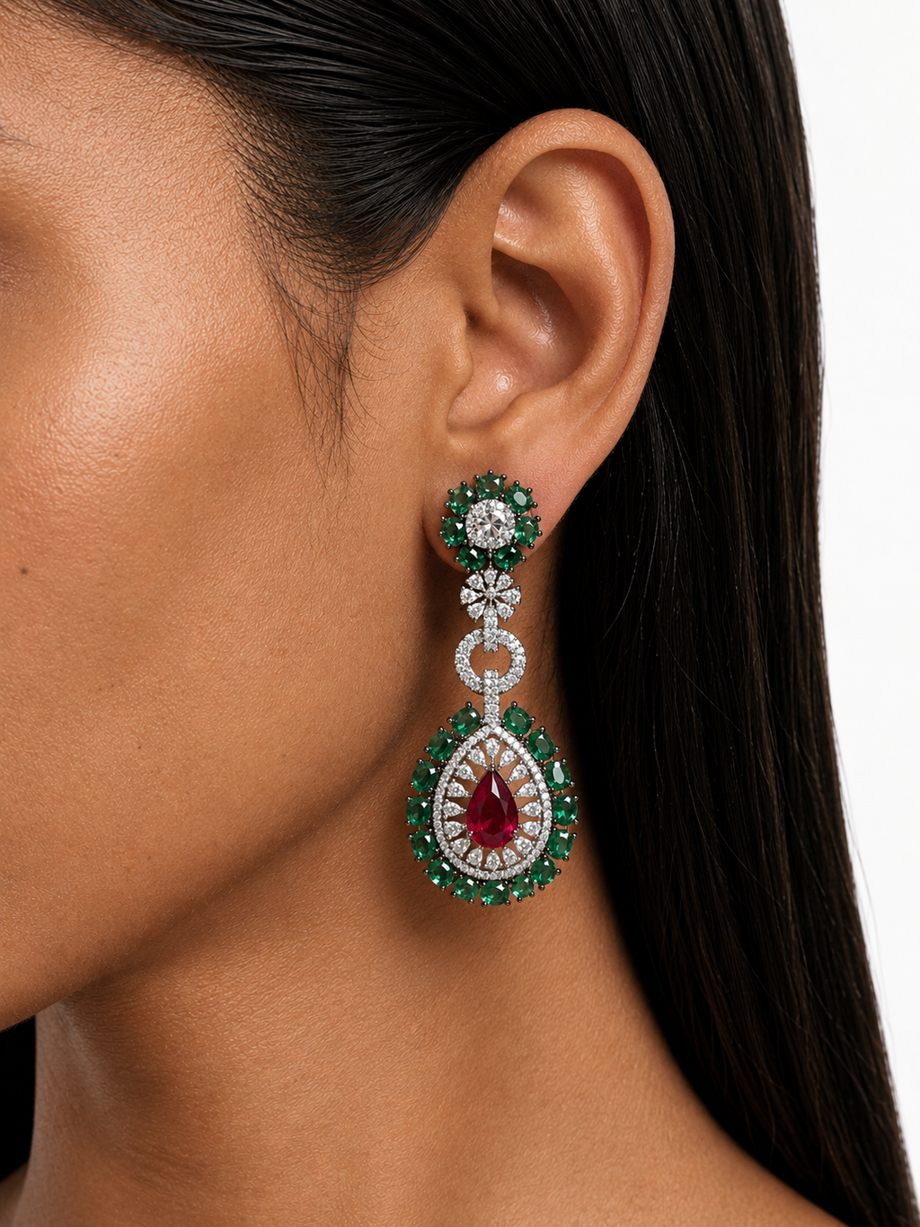 Sabeen Emerald & Ruby Drop Diamond-Like Zircon Statement Necklace Set – Necklace & Earrings