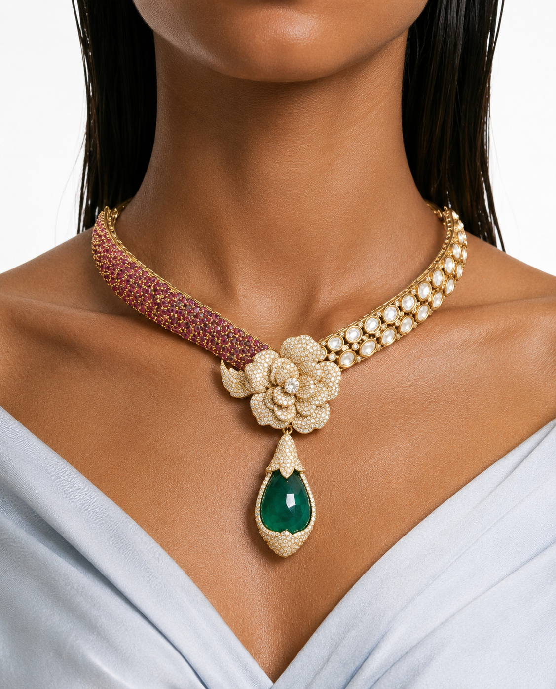 Arisha Ruby, Kundan & Emerald Floral Drop Necklace Set – Necklace & Earrings
