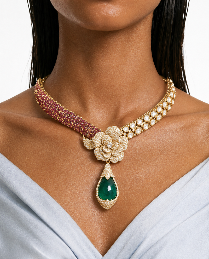 Arisha Ruby, Kundan & Emerald Floral Drop Necklace Set – Necklace & Earrings