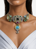 Areen Multicolor Ornate Drop Choker Necklace Set – Necklace & Earrings