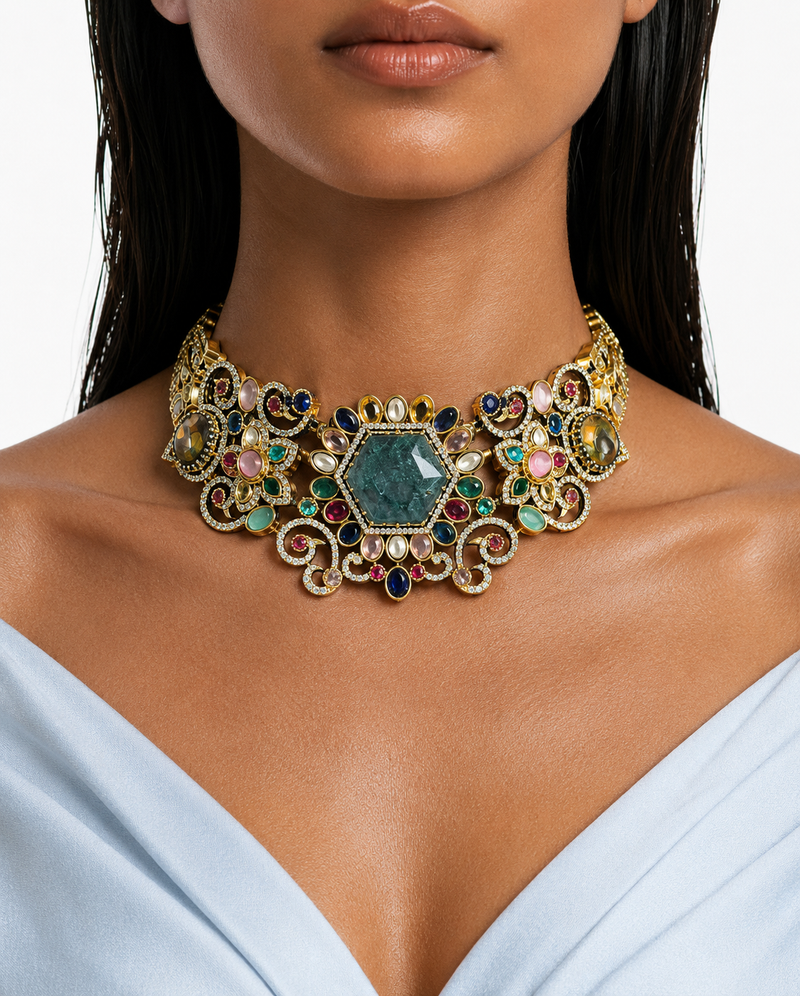 Rameen Multicolor Kundan Choker Necklace Set – Necklace & Earrings