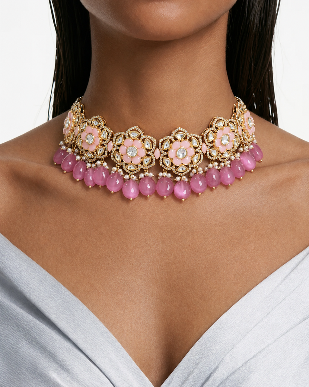 Anabia Pink Floral Moissanite Polki Kundan Choker Necklace Set – Necklace & Earrings