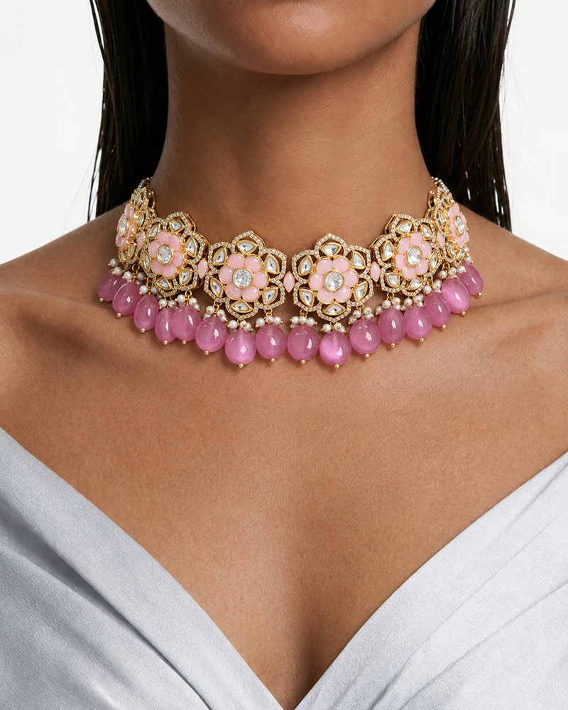 Anabia Pink Floral Moissanite Polki Kundan Choker Necklace Set – Necklace & Earrings