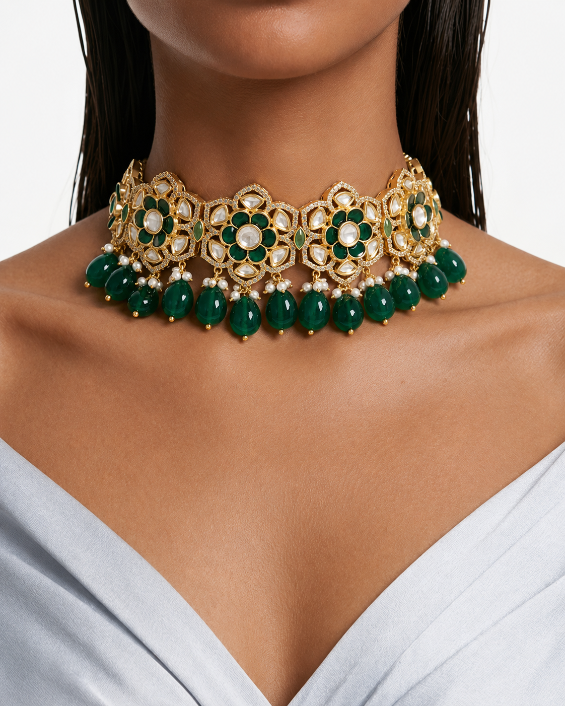 Anabia Emerald Floral Moissanite Polki Kundan Choker Necklace Set – Necklace & Earrings