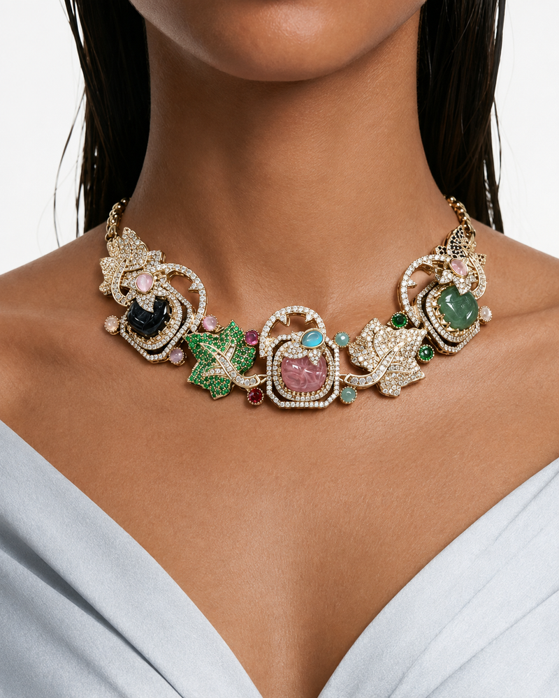 Saya Multicolor Floral Vine Polki Kundan with Zircon Diamond Detailing Necklace Set – Necklace & Earrings