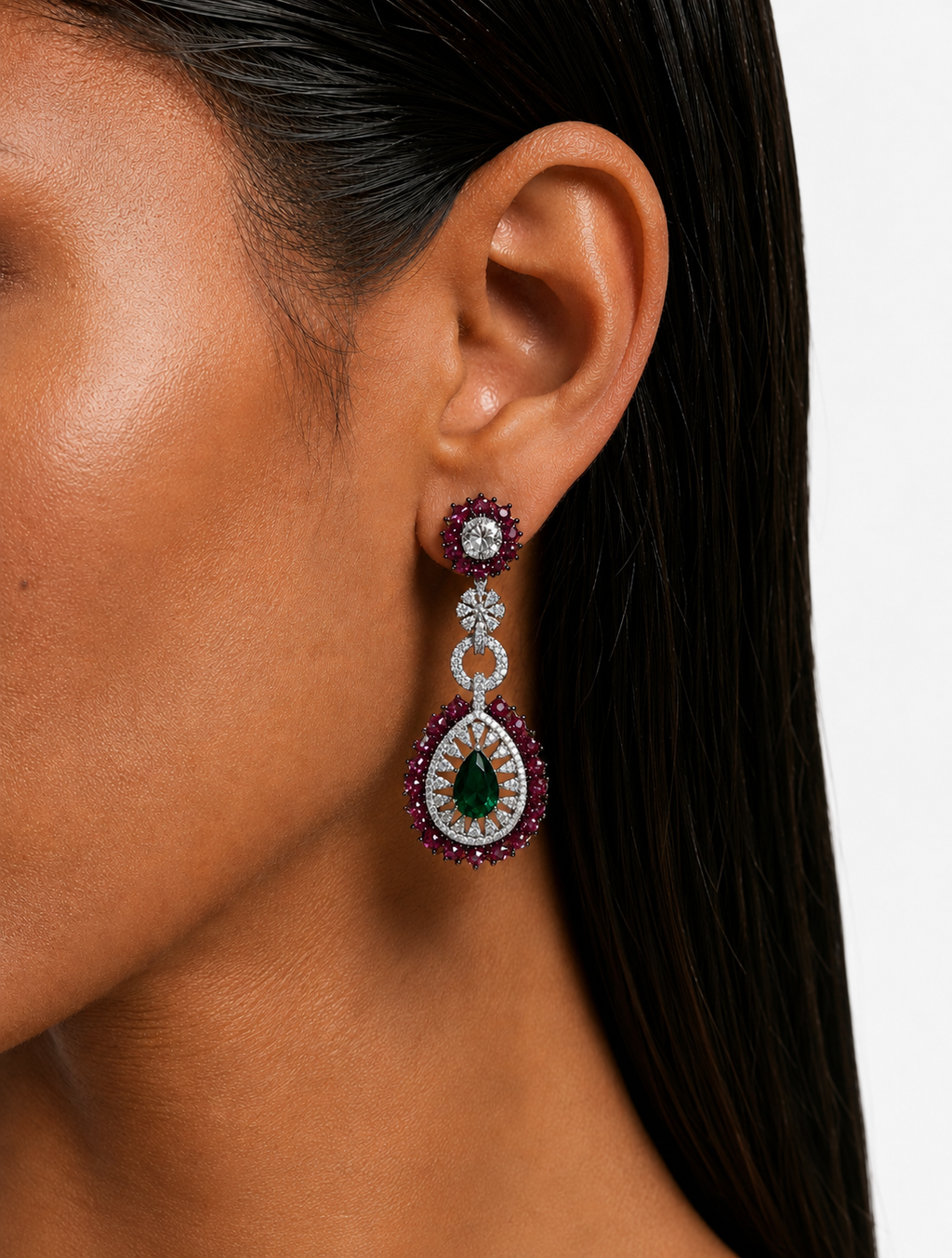 Sabeen Ruby & Emerald Drop Diamond-Like Zircon Statement Necklace Set – Necklace & Earrings