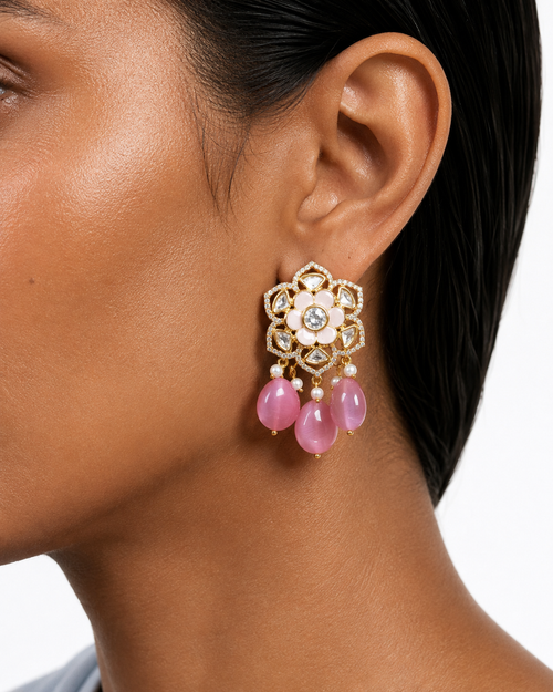 Anabia Pink Floral Moissanite Polki Kundan Choker Necklace Set – Necklace & Earrings