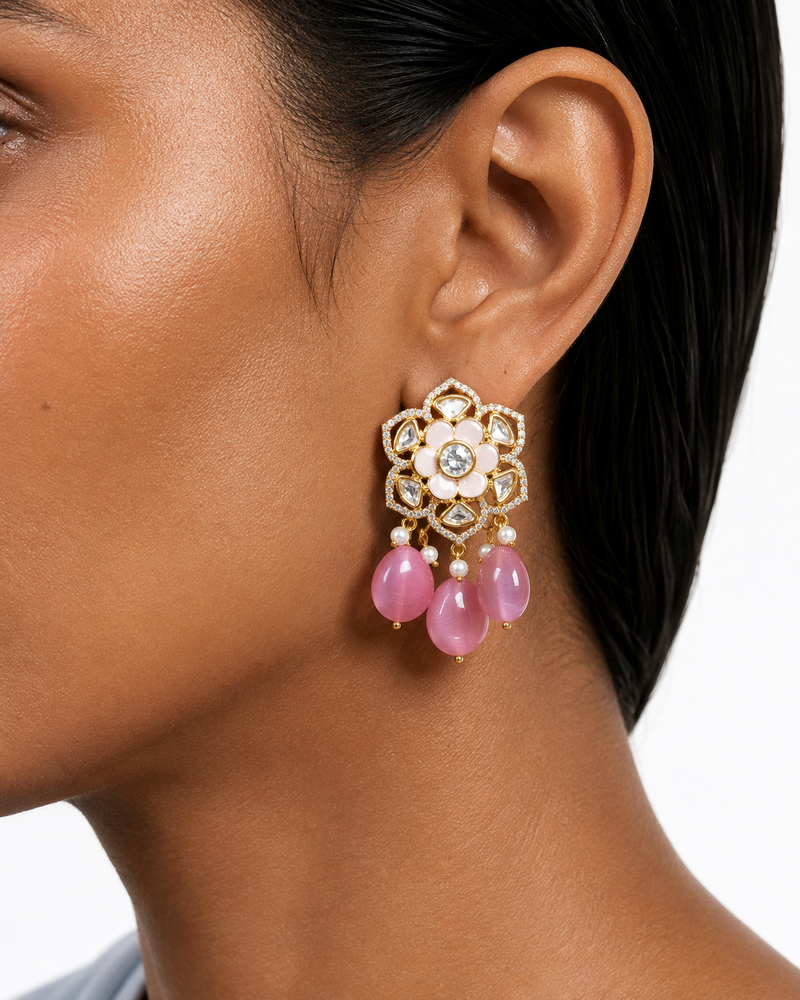 Anabia Pink Floral Moissanite Polki Kundan Choker Necklace Set – Necklace & Earrings