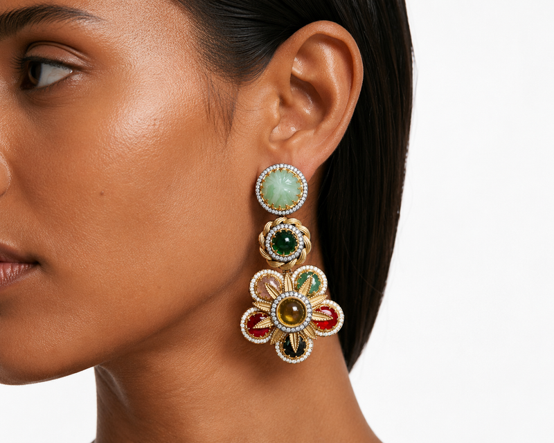 Rihme Mint Emerald Multicolor Floral Polki Kundan Statement Earrings
