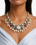 Ayzal Sapphire & Cyan Multicolor Pearls Moissanite Polki Kundan with Zircon Diamond Detailing Necklace Set – Necklace & Earrings