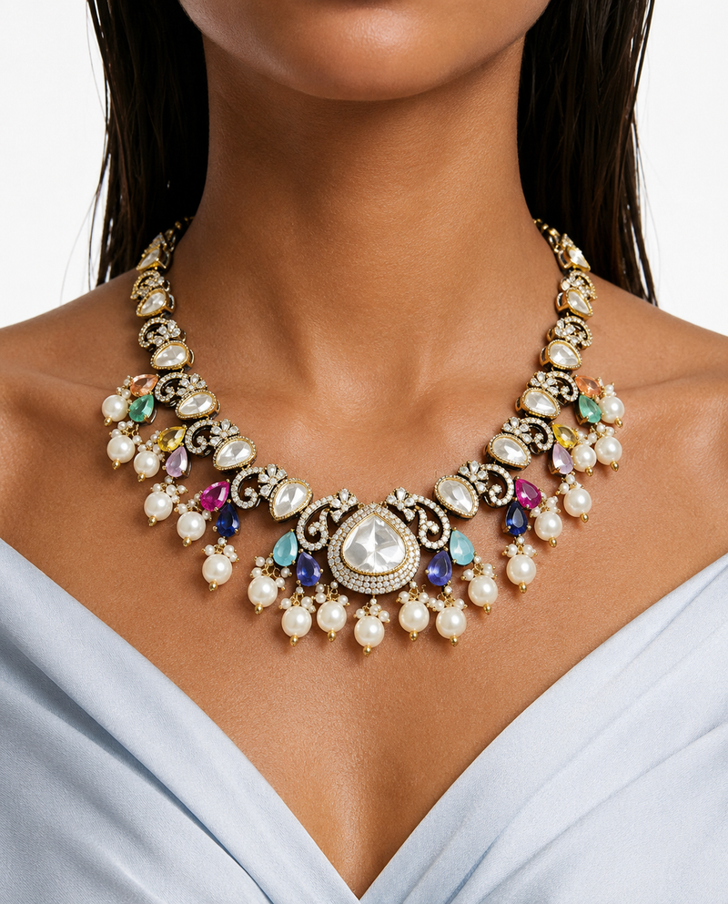 Ayzal Sapphire & Cyan Multicolor Pearls Moissanite Polki Kundan with Zircon Diamond Detailing Necklace Set – Necklace & Earrings