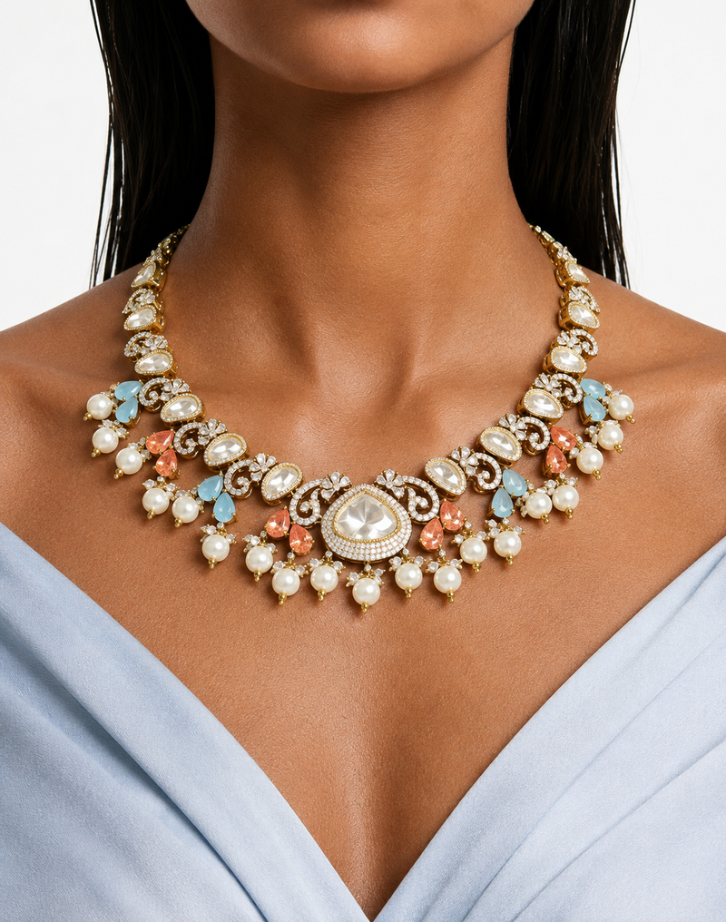 Ayzal Peach & Cyan Pearls Moissanite Polki Kundan with Zircon Diamond Detailing Necklace Set – Necklace & Earrings