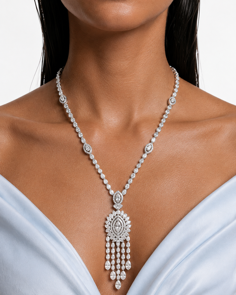 Ira Marquise & Teardrop Diamond-Like Zircon Tassel Statement Necklace Set – Necklace & Earrings