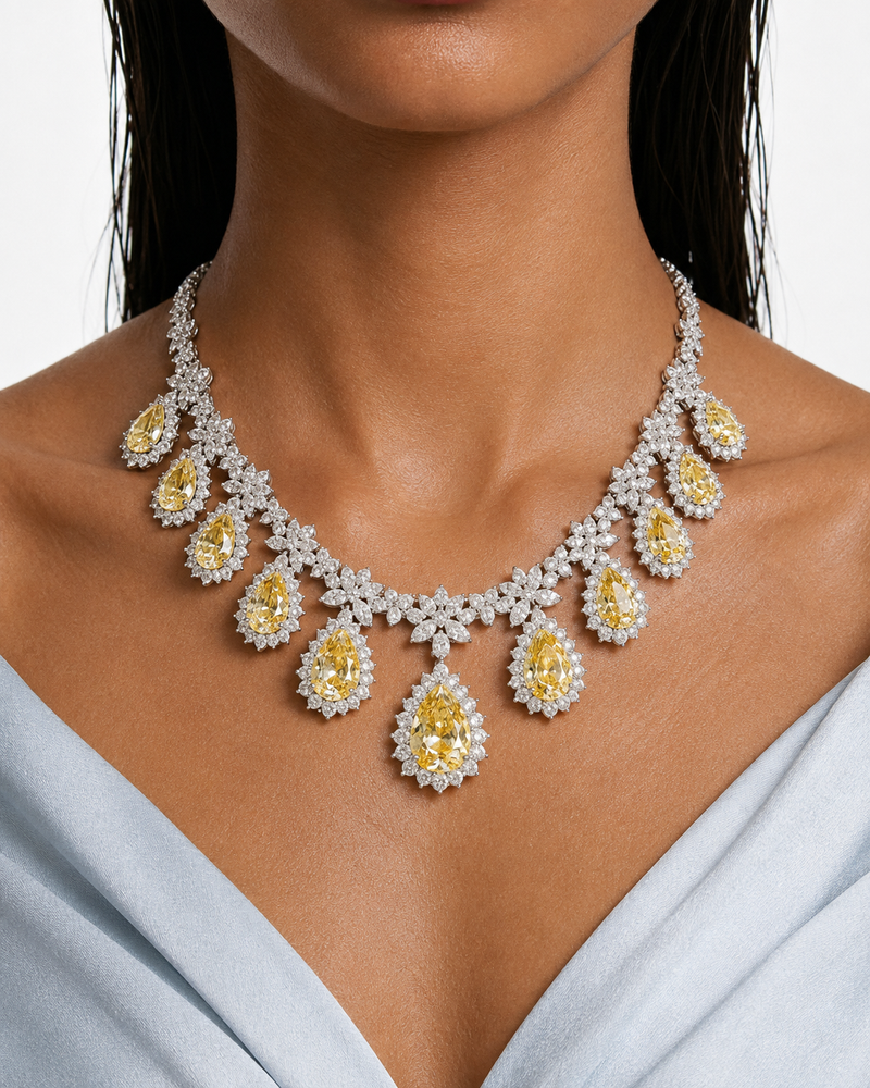 Maharani Citrine Cushion Cut with Zircon Detailing and Large Citrine Stone Necklace Set & Dalia Citrine Teardrop Diamond-Like Zircon Statement Necklace Set (2 Necklaces & 2 Earrings)