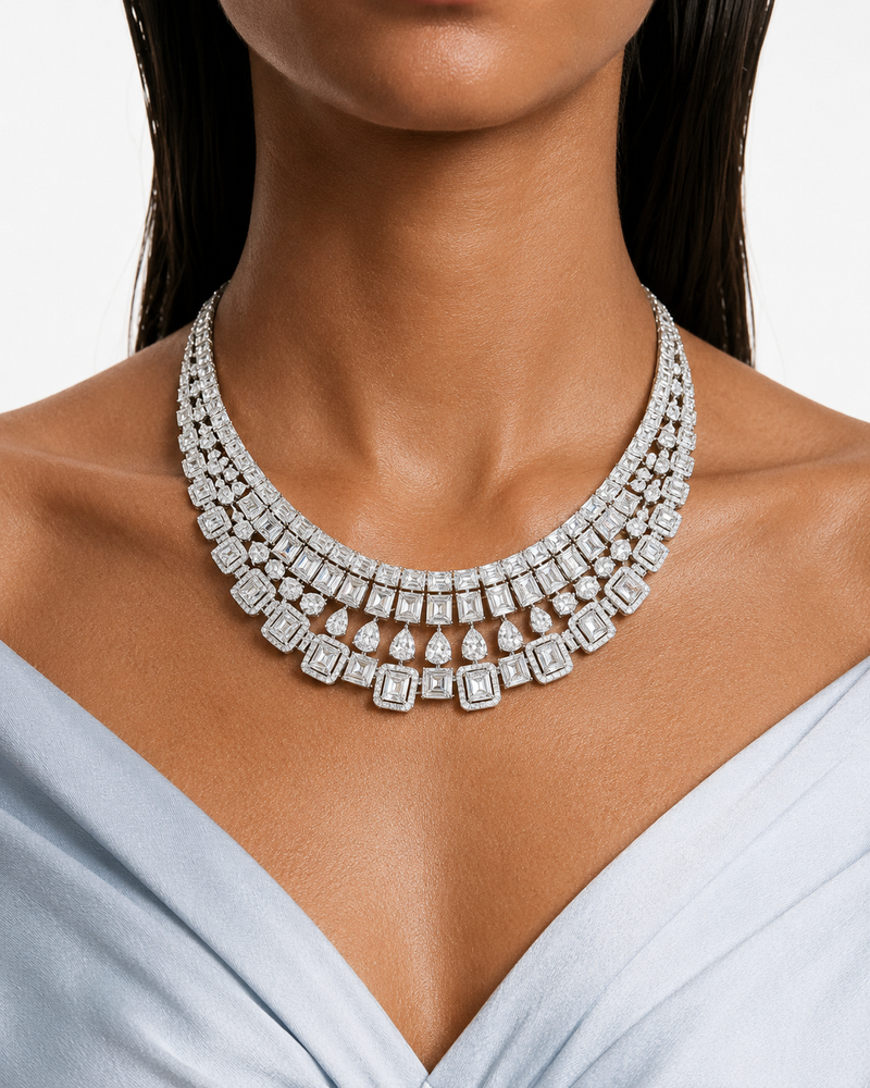 Maharani Lunara Diamond-Like Zircon Tennis Drop Necklace Set & Layan Diamond Rectangular-Cut & Pear Diamond-Like Zircon Statement Necklace Set (2 Necklaces & 2 Earrings)
