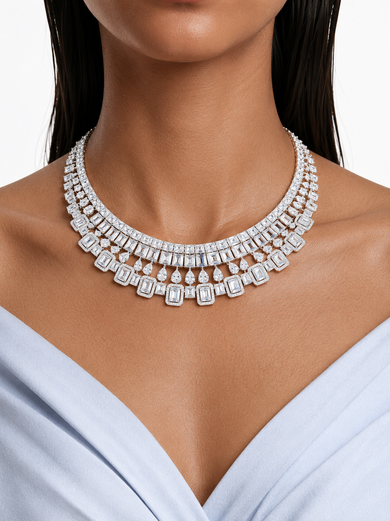 Maharani The Willow Diamond-Like Zircon Statement Necklace Set & Layan Diamond Rectangular-Cut & Pear Diamond-Like Zircon Statement Necklace Set (2 Necklaces & 2 Earrings)
