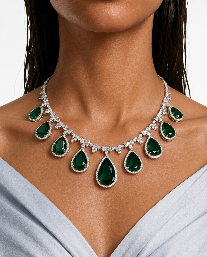 Maysa Emerald Teardrop Diamond-Like Zircon Statement Necklace Set – Necklace & Earrings